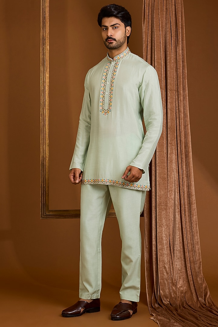 Mint Silk Groom Indowestern Set by SAMMOHAN at Pernia's Pop Up Shop
