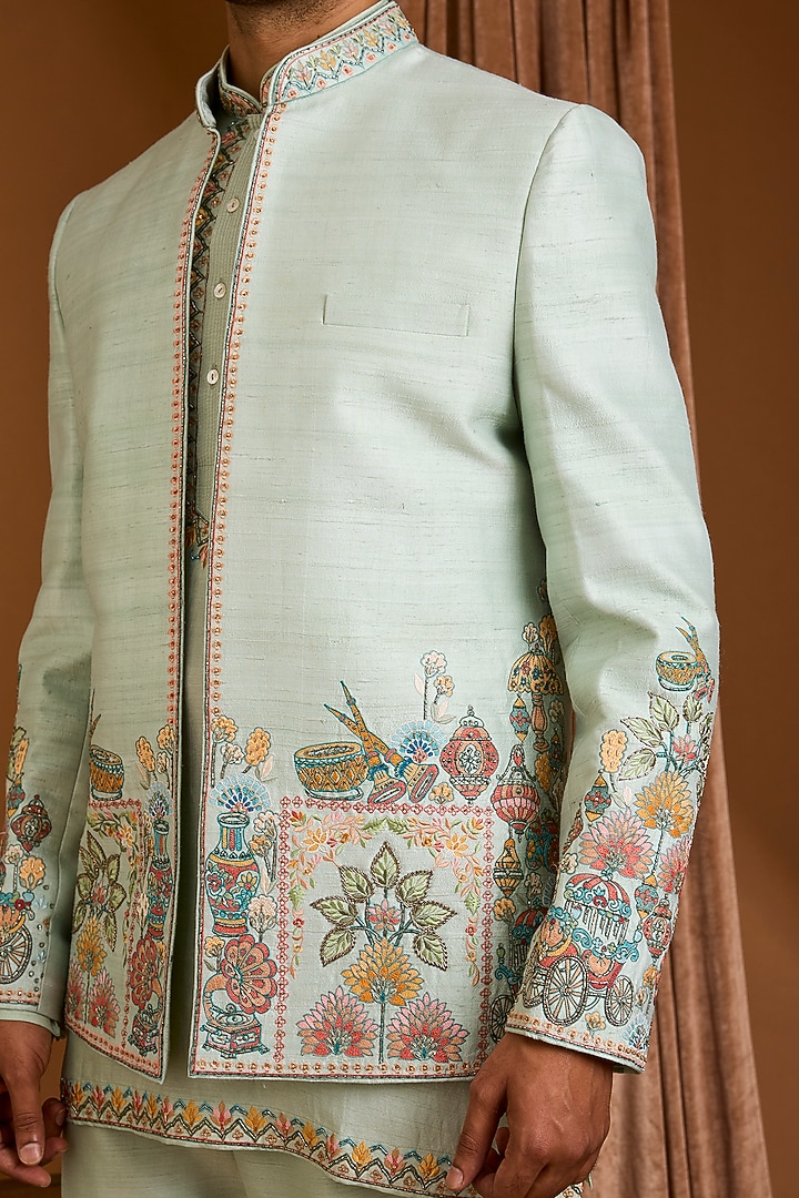 Mint Silk Groom Indowestern Set by SAMMOHAN at Pernia's Pop Up Shop