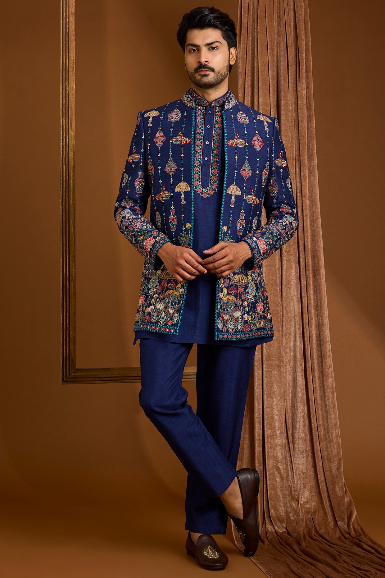 SAMMOHAN Navy Silk Indowestern Set