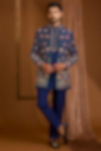 Navy Silk Groom Indowestern Set by SAMMOHAN at Pernia's Pop Up Shop