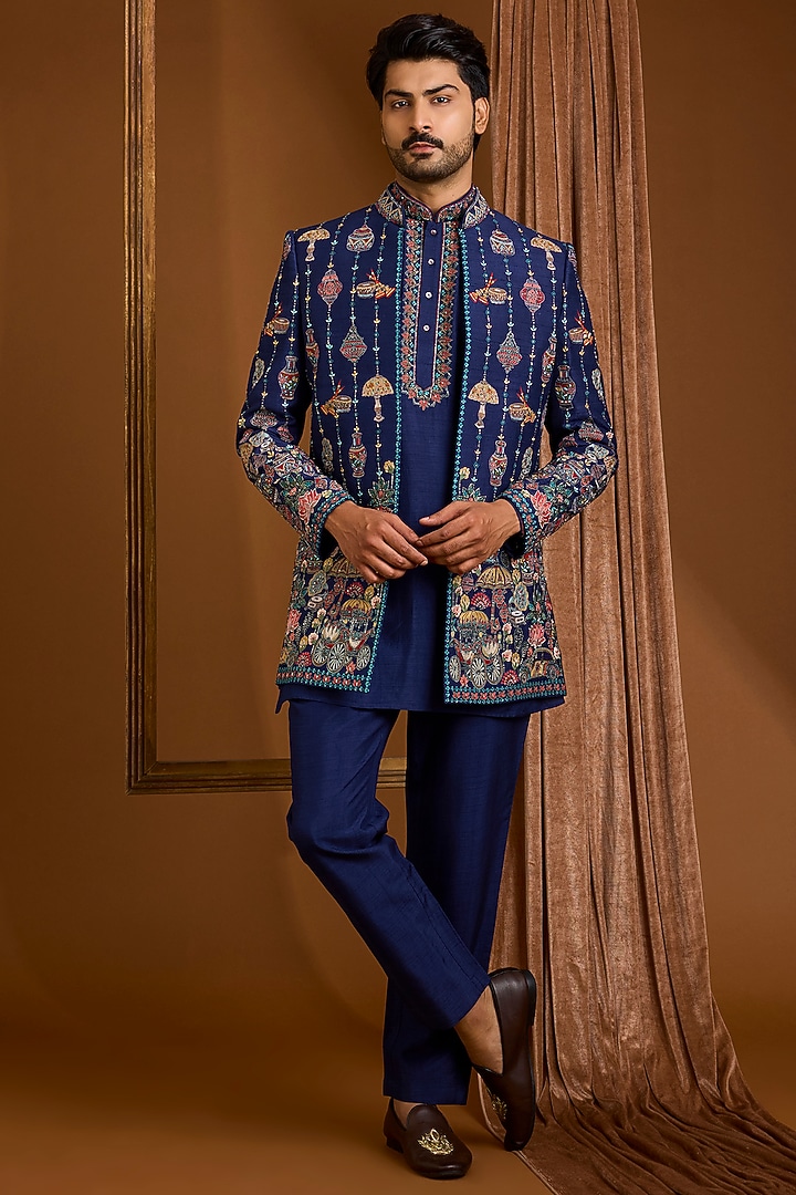 Navy Silk Groom Indowestern Set by SAMMOHAN at Pernia's Pop Up Shop