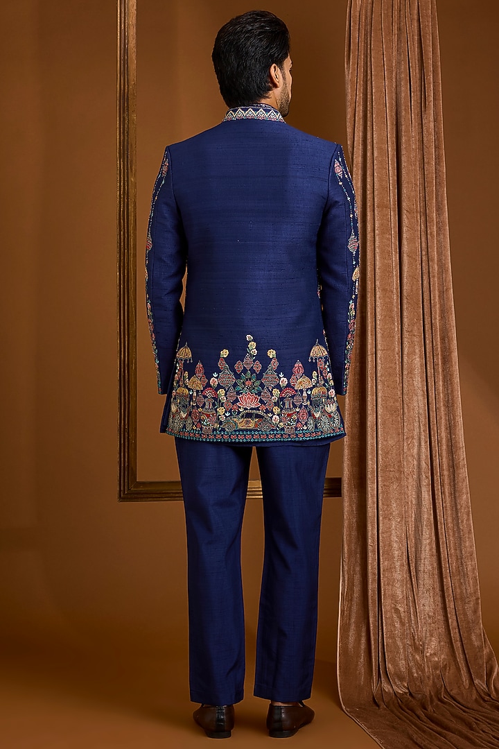 Navy Silk Groom Indowestern Set by SAMMOHAN at Pernia's Pop Up Shop