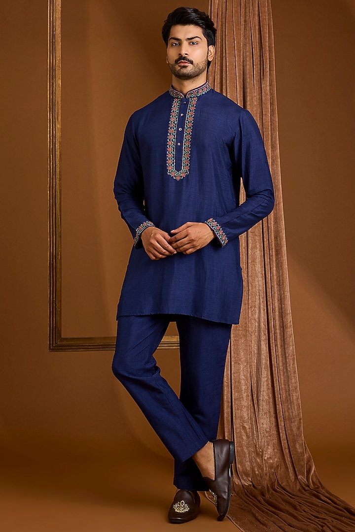 Navy Silk Groom Indowestern Set by SAMMOHAN at Pernia's Pop Up Shop