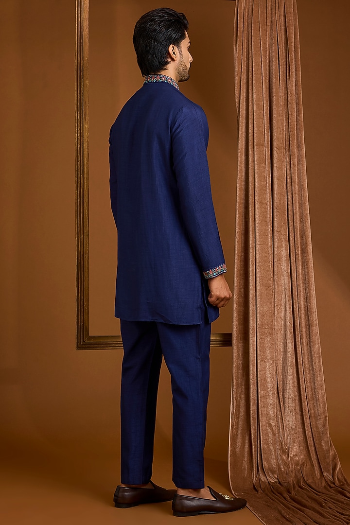 Navy Silk Groom Indowestern Set by SAMMOHAN at Pernia's Pop Up Shop
