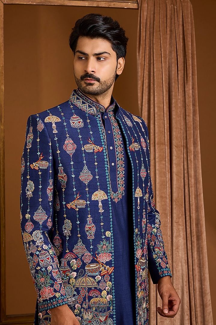 Navy Silk Groom Indowestern Set by SAMMOHAN at Pernia's Pop Up Shop