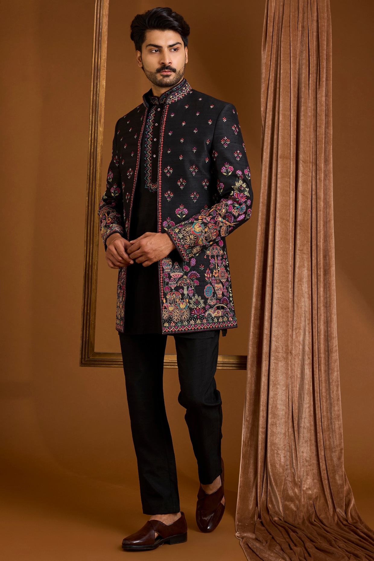 SAMMOHAN Jet Black Silk Indowestern Set