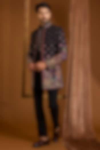 Jet Black Silk Groom Indowestern Set by SAMMOHAN at Pernia's Pop Up Shop