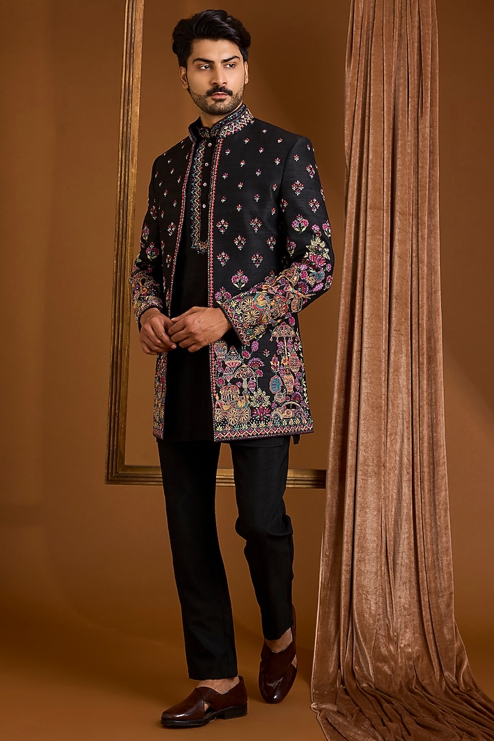 Jet Black Silk Groom Indowestern Set by SAMMOHAN at Pernia's Pop Up Shop