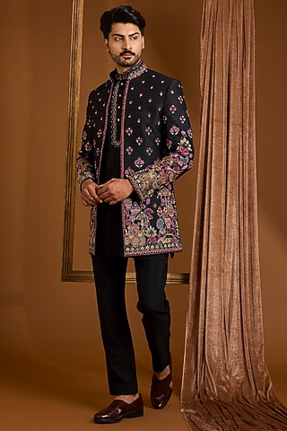 Jet Black Silk Indowestern Set by SAMMOHAN