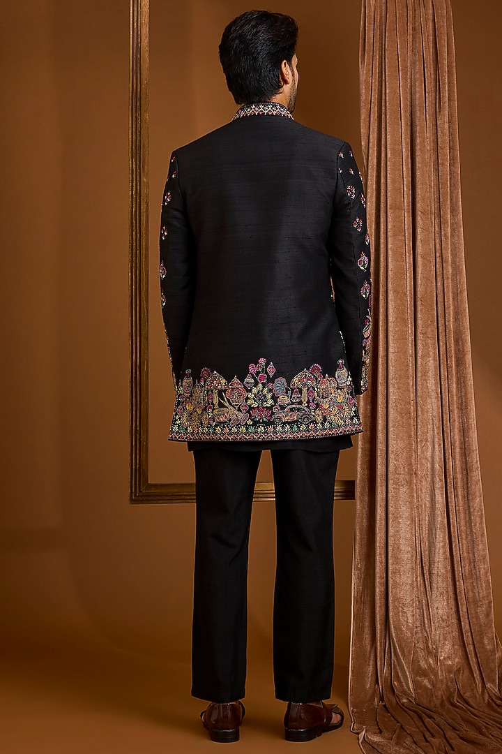 Jet Black Silk Groom Indowestern Set by SAMMOHAN at Pernia's Pop Up Shop