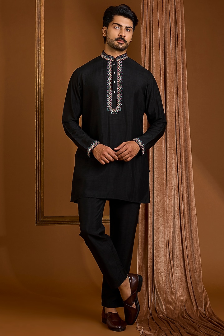 Jet Black Silk Groom Indowestern Set by SAMMOHAN at Pernia's Pop Up Shop