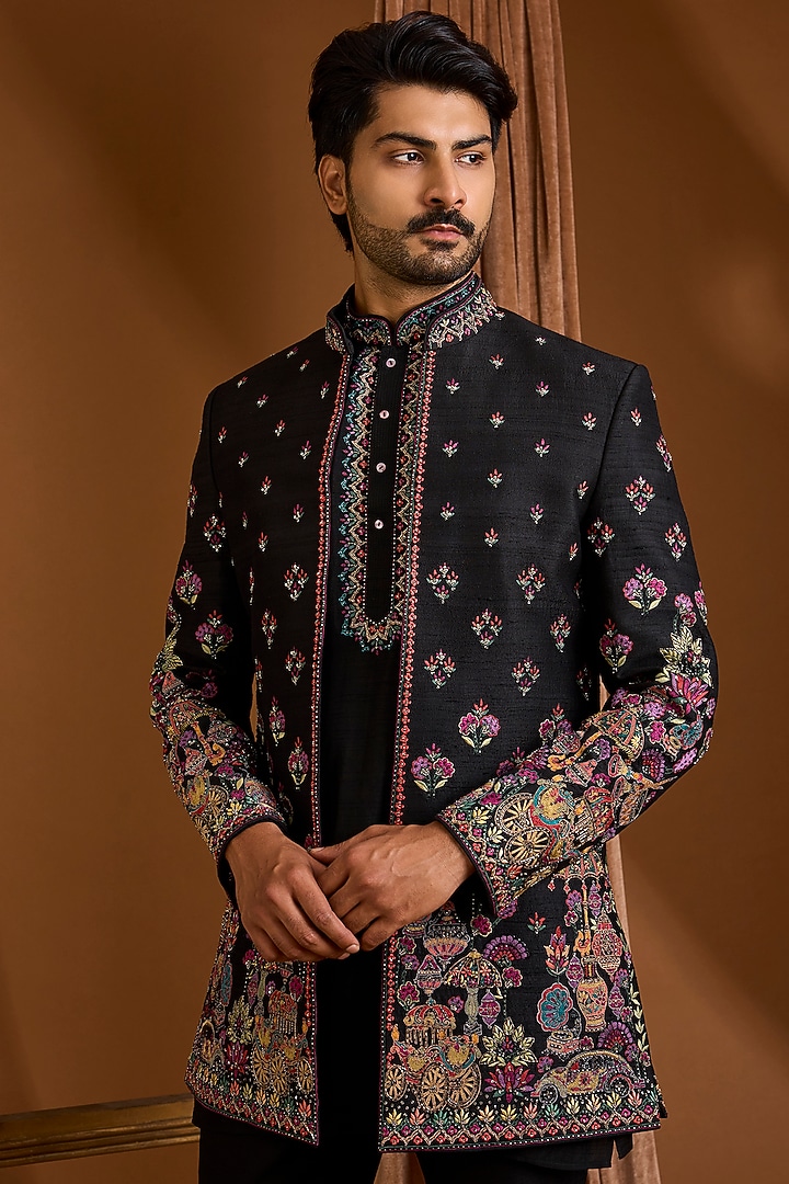 Jet Black Silk Groom Indowestern Set by SAMMOHAN at Pernia's Pop Up Shop