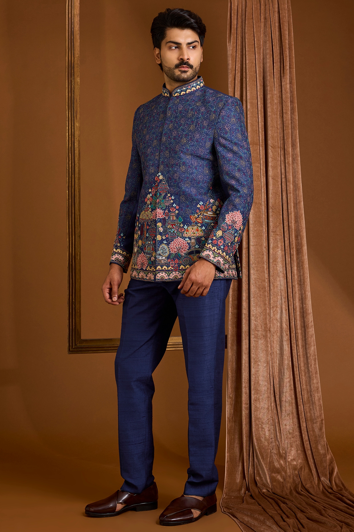 SAMMOHAN Navy Silk Bandhgala Set