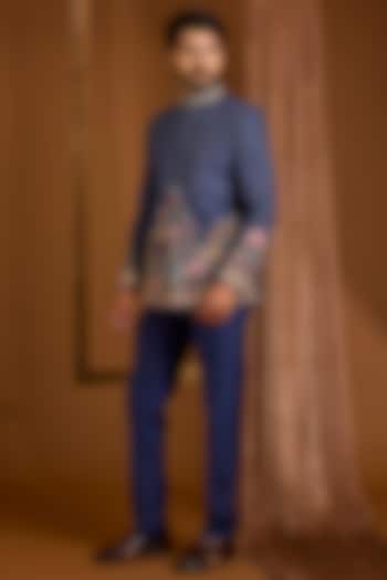 Navy Silk Groom Bandhgala Set by SAMMOHAN at Pernia's Pop Up Shop