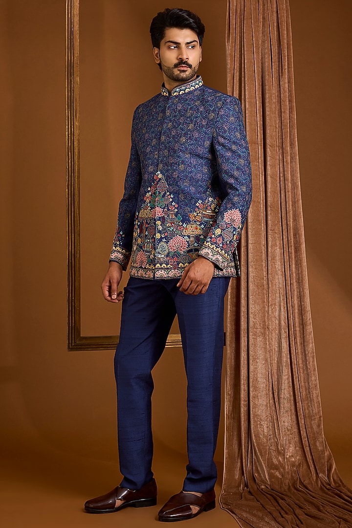 Navy Silk Groom Bandhgala Set by SAMMOHAN at Pernia's Pop Up Shop