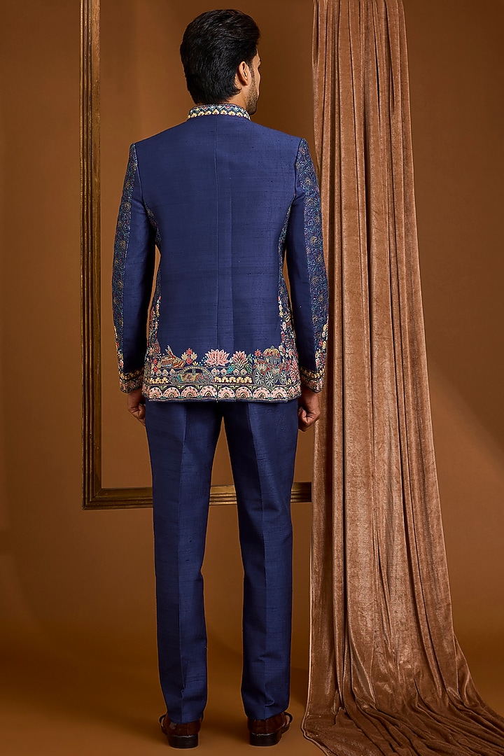 Navy Silk Groom Bandhgala Set by SAMMOHAN at Pernia's Pop Up Shop