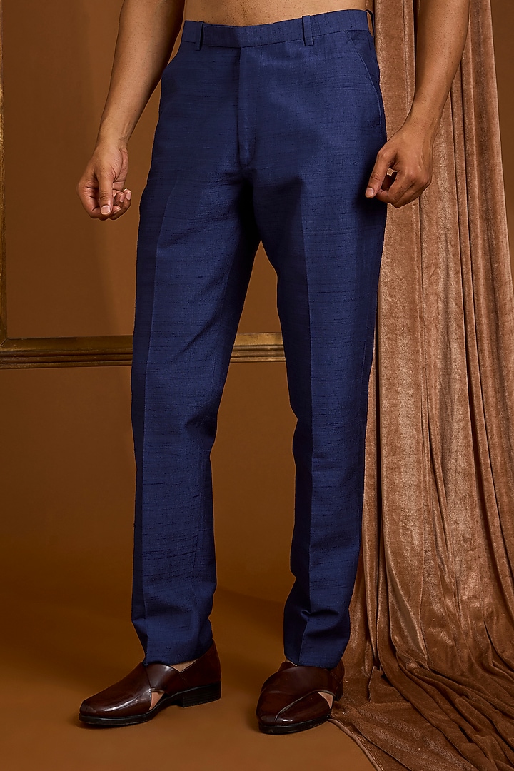 Navy Silk Groom Bandhgala Set by SAMMOHAN at Pernia's Pop Up Shop