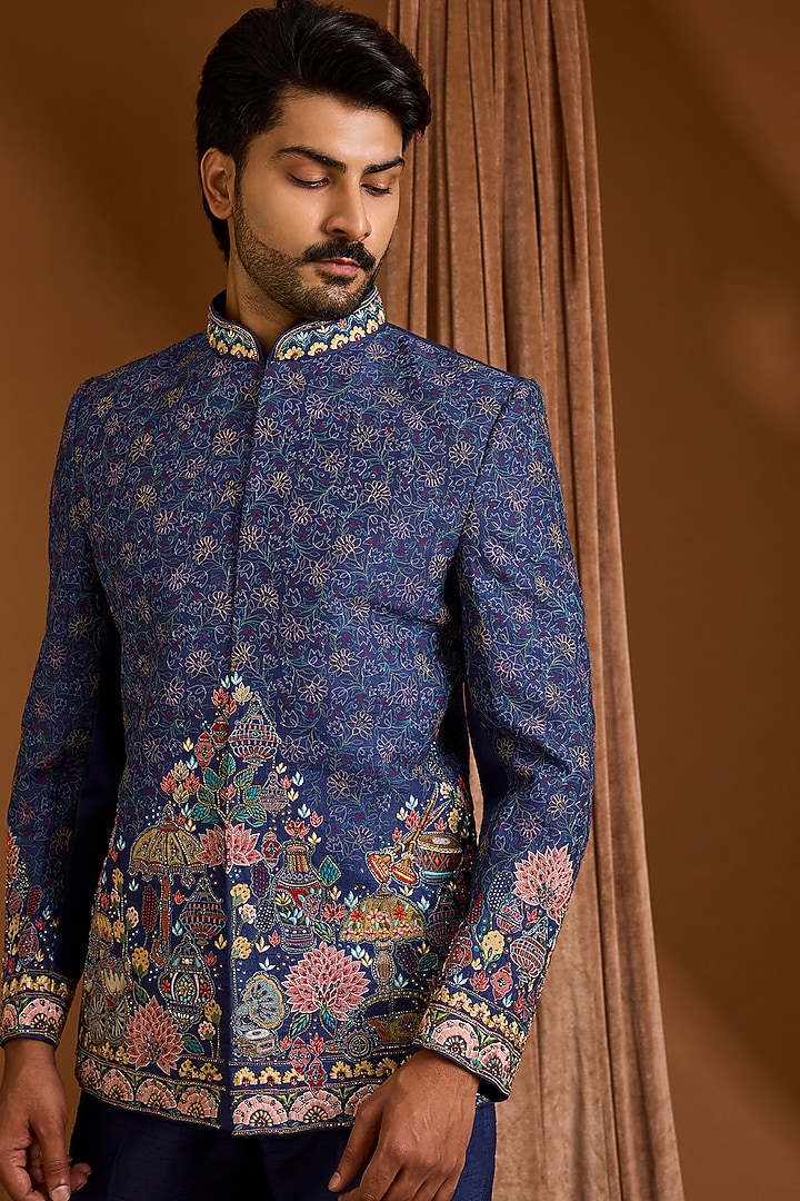 Navy Silk Groom Bandhgala Set by SAMMOHAN at Pernia's Pop Up Shop