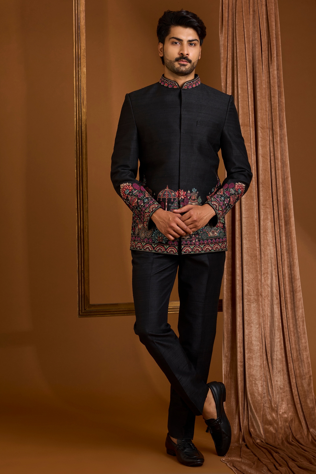 SAMMOHAN Black Silk Bandhgala Set