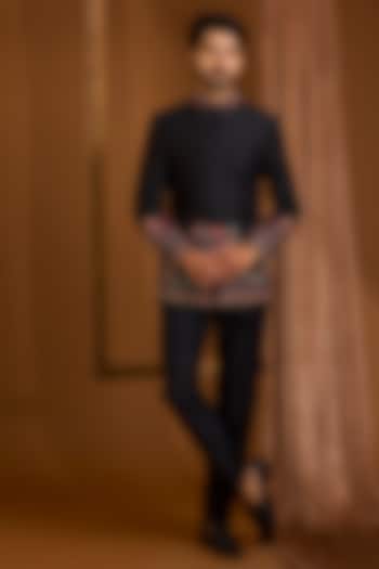 Black Silk Groom Bandhgala Set by SAMMOHAN at Pernia's Pop Up Shop