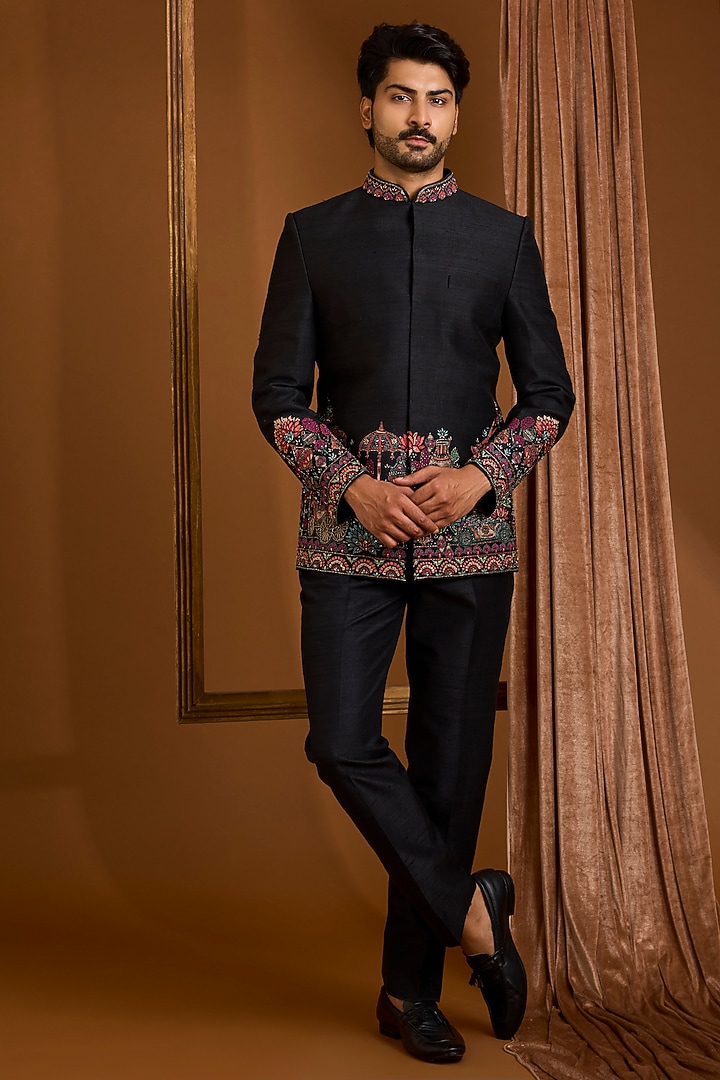 Black Silk Groom Bandhgala Set by SAMMOHAN at Pernia's Pop Up Shop
