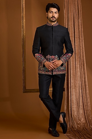 Black Silk Bandhgala Set by SAMMOHAN