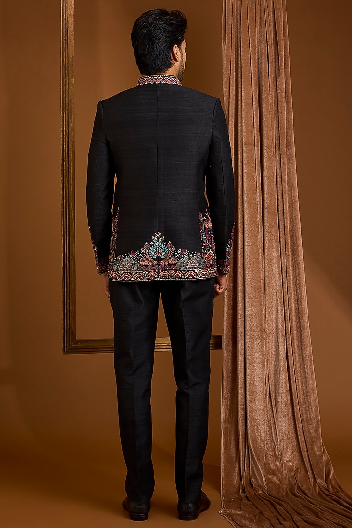 Black Silk Groom Bandhgala Set by SAMMOHAN at Pernia's Pop Up Shop