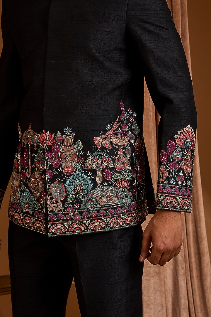 Black Silk Groom Bandhgala Set by SAMMOHAN at Pernia's Pop Up Shop