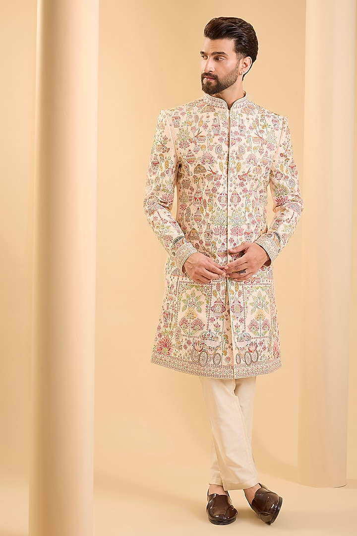 Peach Silk Groom Sherwani Set by SAMMOHAN at Pernia's Pop Up Shop