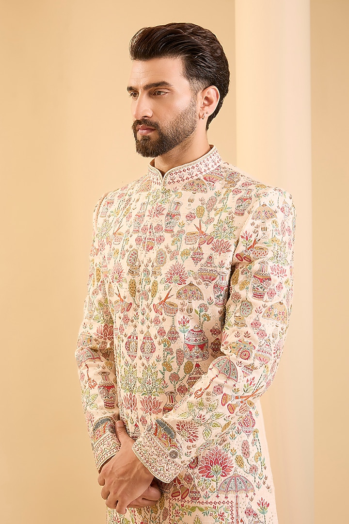 Peach Silk Groom Sherwani Set by SAMMOHAN at Pernia's Pop Up Shop