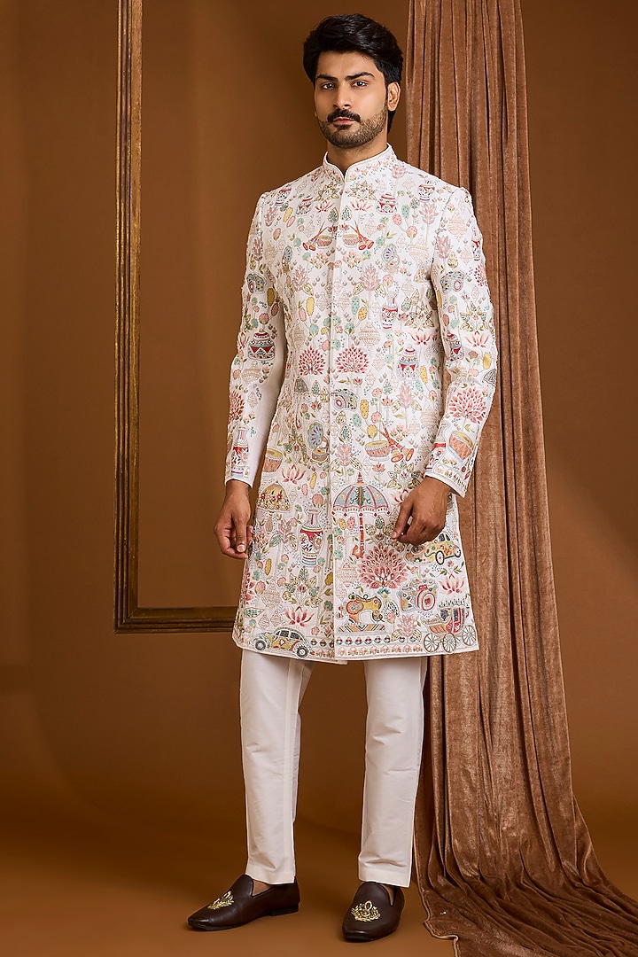 Ivory Silk Groom Bandhgala Set by SAMMOHAN at Pernia's Pop Up Shop