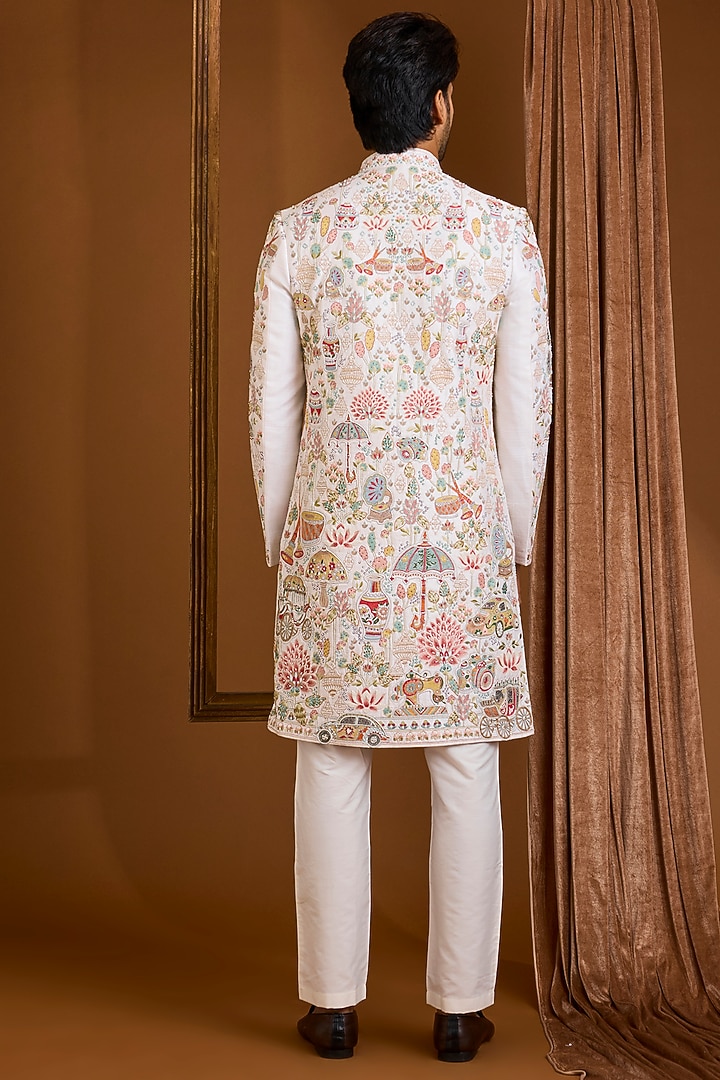Ivory Silk Groom Bandhgala Set by SAMMOHAN at Pernia's Pop Up Shop