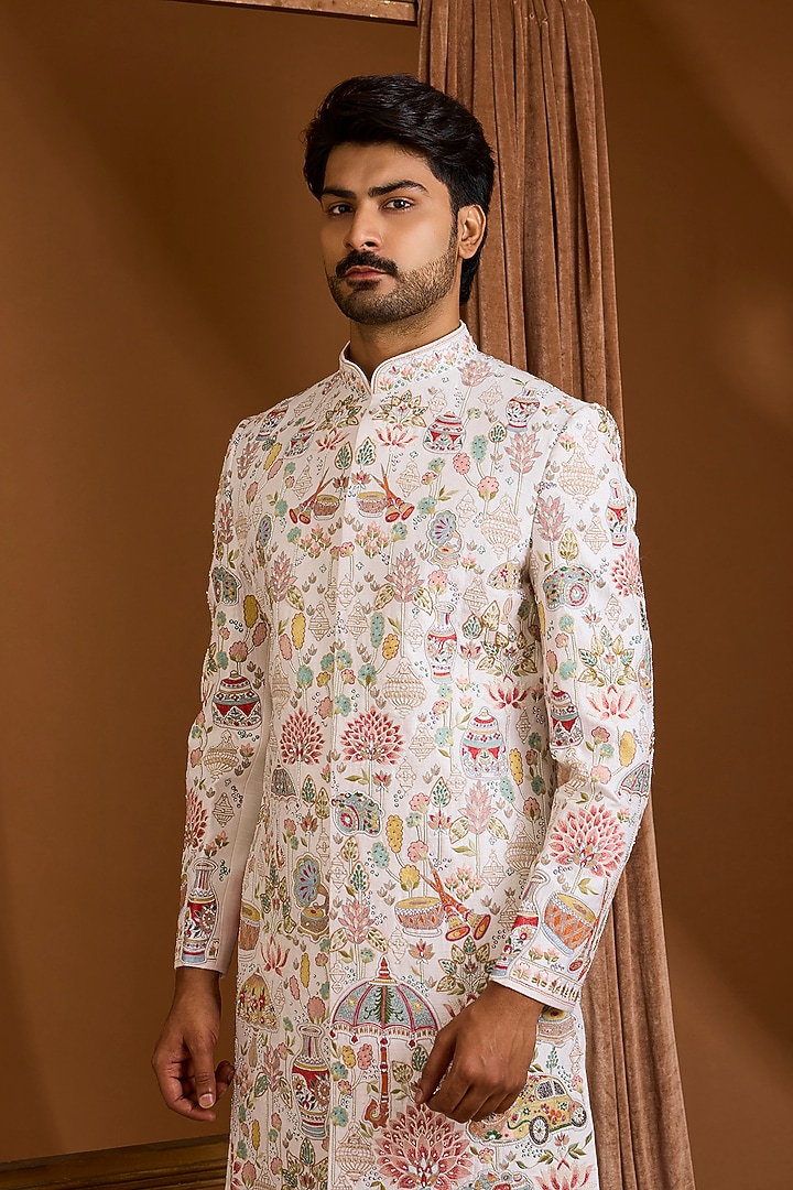 Ivory Silk Groom Bandhgala Set by SAMMOHAN at Pernia's Pop Up Shop