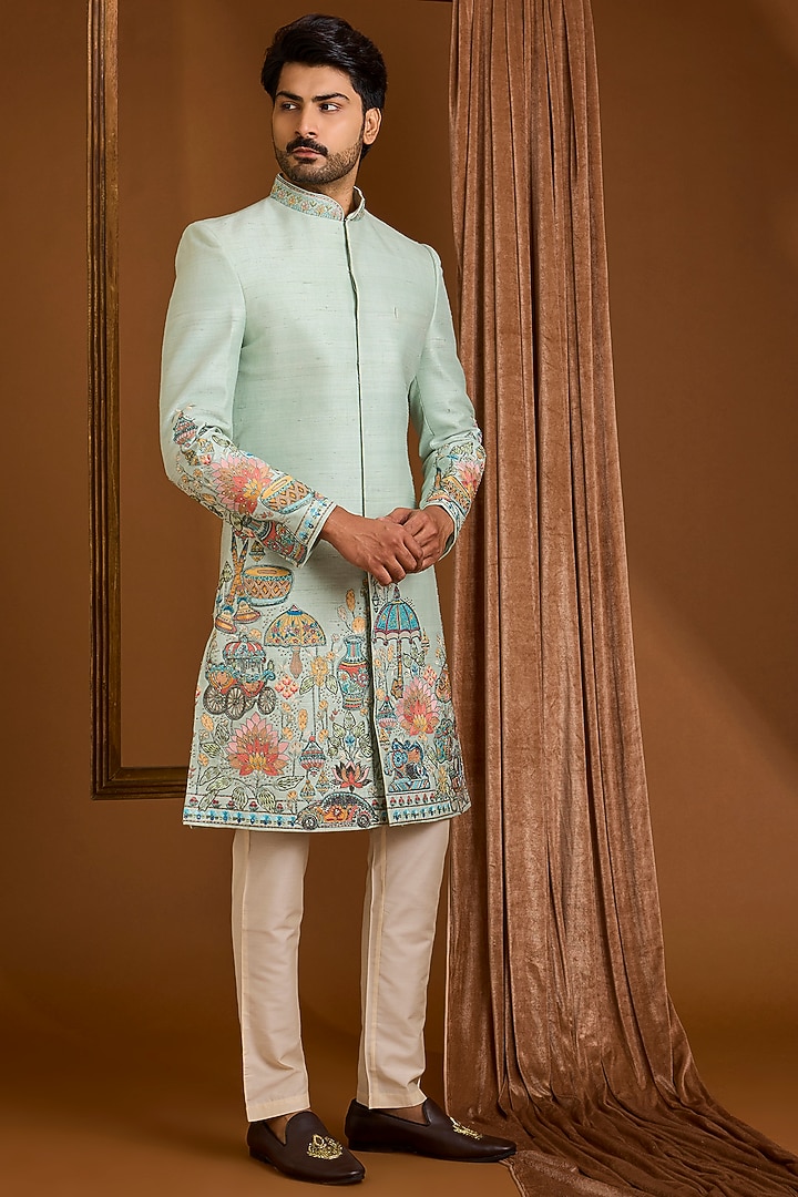 Mint Silk Groom Bandhgala Set by SAMMOHAN at Pernia's Pop Up Shop
