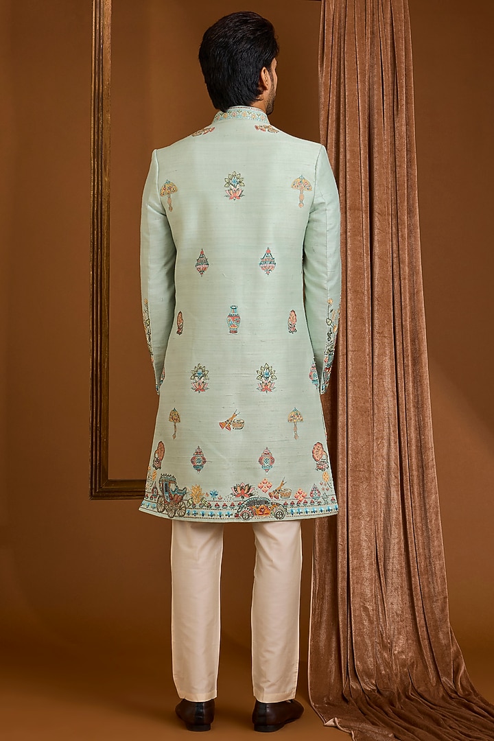 Mint Silk Groom Bandhgala Set by SAMMOHAN at Pernia's Pop Up Shop