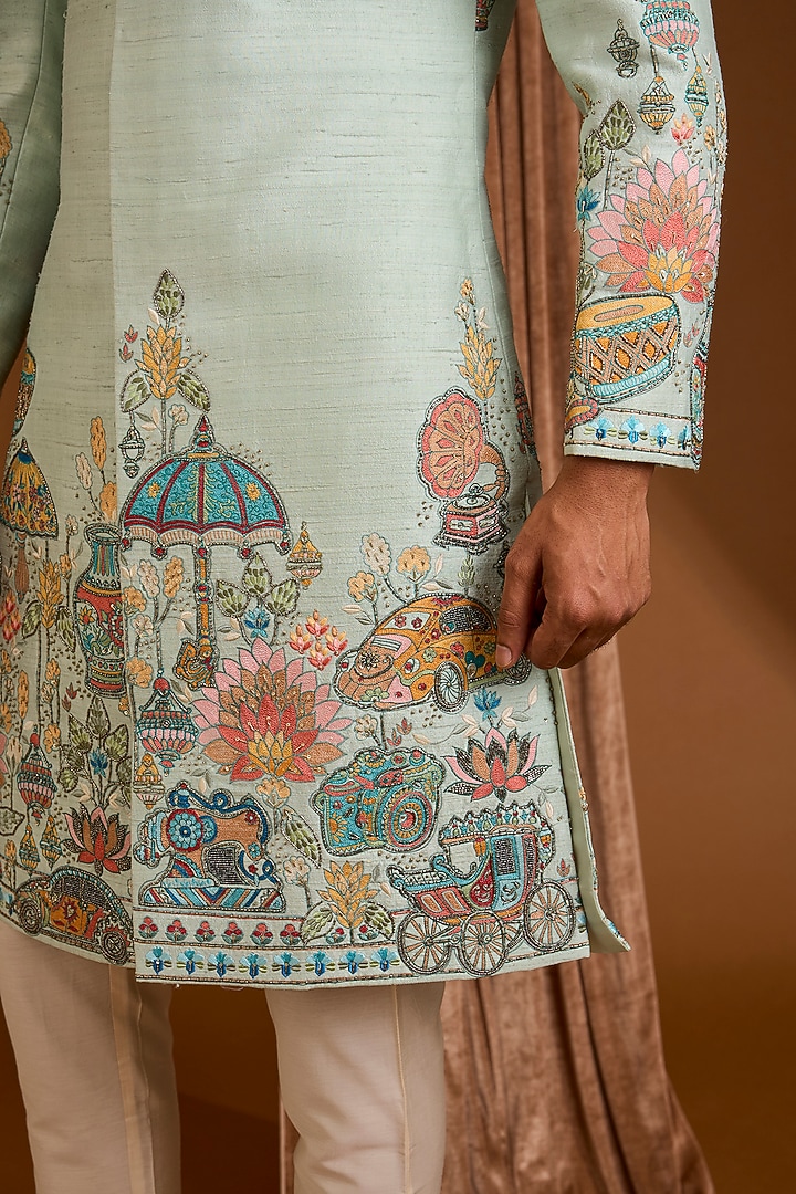 Mint Silk Groom Bandhgala Set by SAMMOHAN at Pernia's Pop Up Shop
