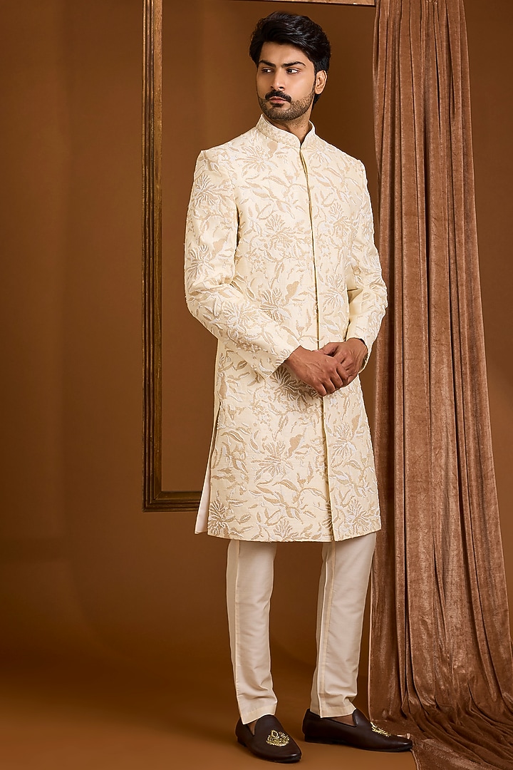 Ivory Silk Groom Sherwani Set by SAMMOHAN at Pernia's Pop Up Shop