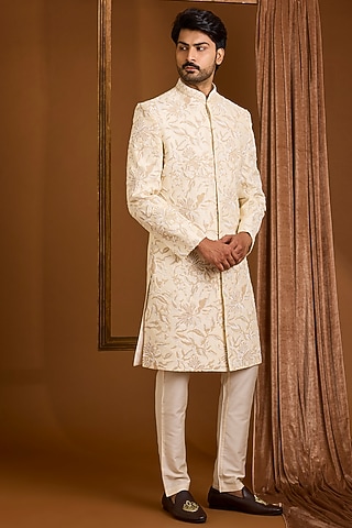 Ivory Silk Sherwani Set by SAMMOHAN