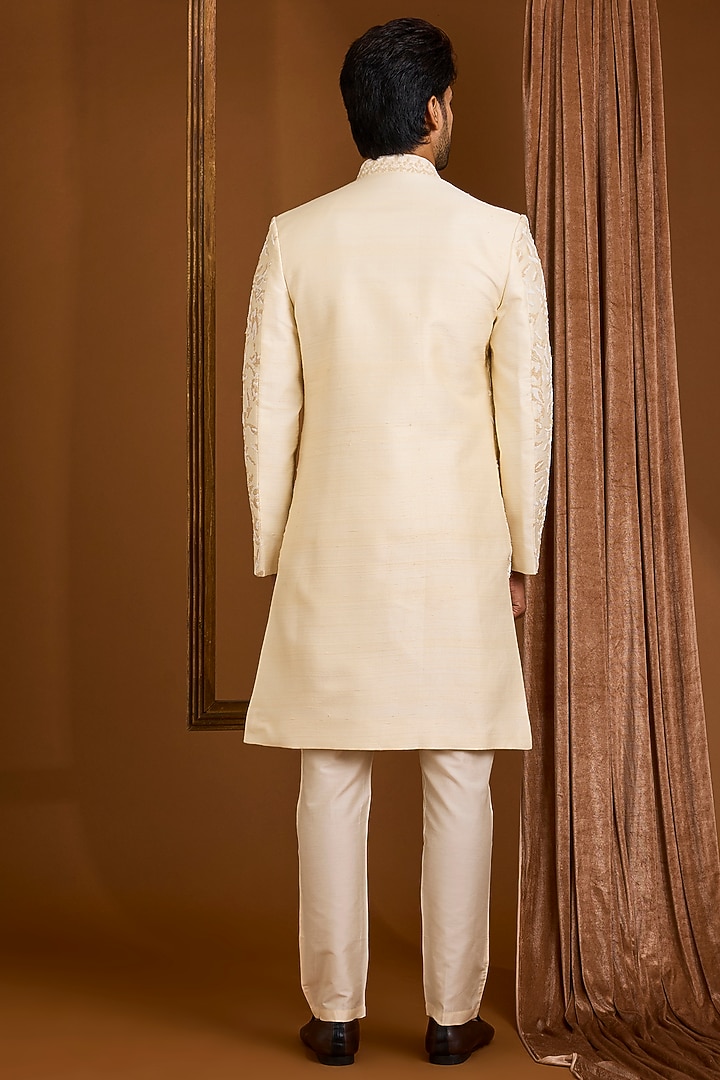 Ivory Silk Groom Sherwani Set by SAMMOHAN at Pernia's Pop Up Shop