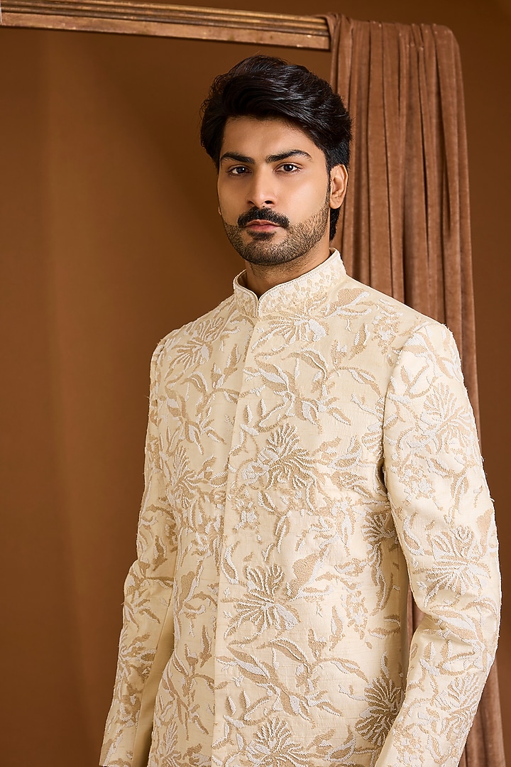 Ivory Silk Groom Sherwani Set by SAMMOHAN at Pernia's Pop Up Shop