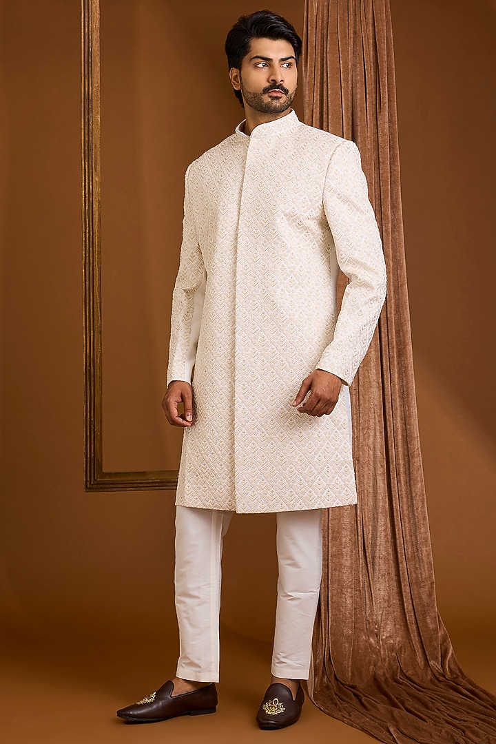 Ivory Silk Groom Sherwani Set by SAMMOHAN at Pernia's Pop Up Shop