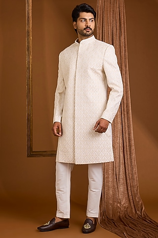 Ivory Silk Sherwani Set by SAMMOHAN