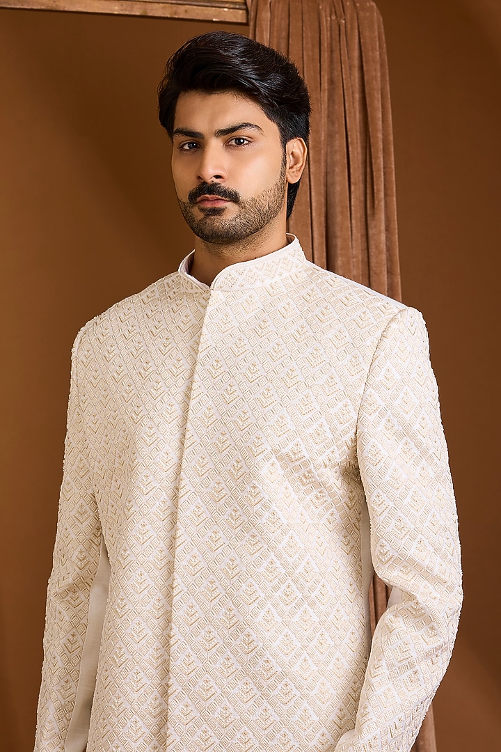 Ivory Silk Groom Sherwani Set by SAMMOHAN at Pernia's Pop Up Shop