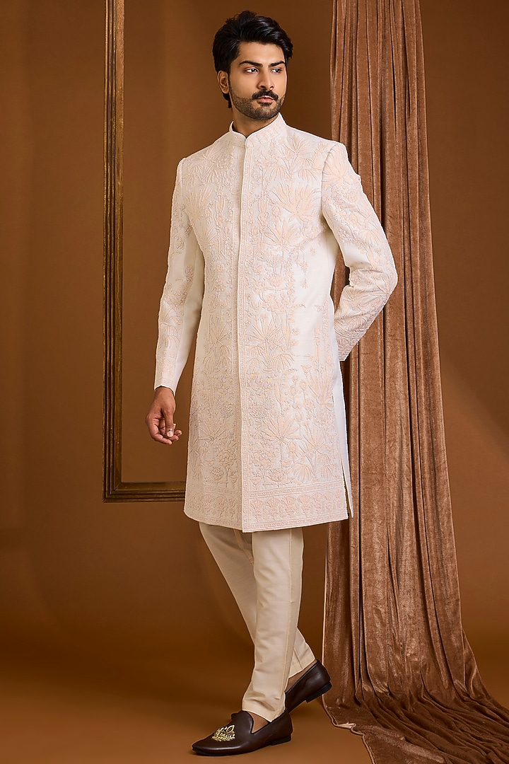 Ivory Silk Groom Sherwani Set by SAMMOHAN at Pernia's Pop Up Shop