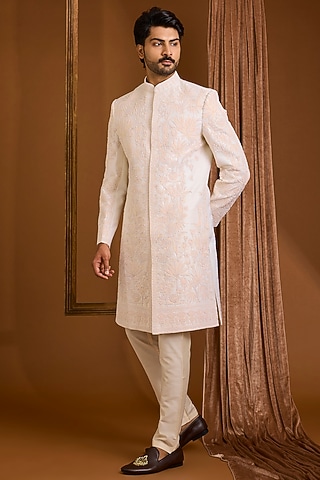 Ivory Silk Sherwani Set by SAMMOHAN