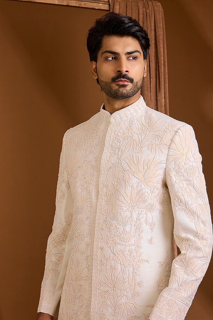 Ivory Silk Groom Sherwani Set by SAMMOHAN at Pernia's Pop Up Shop