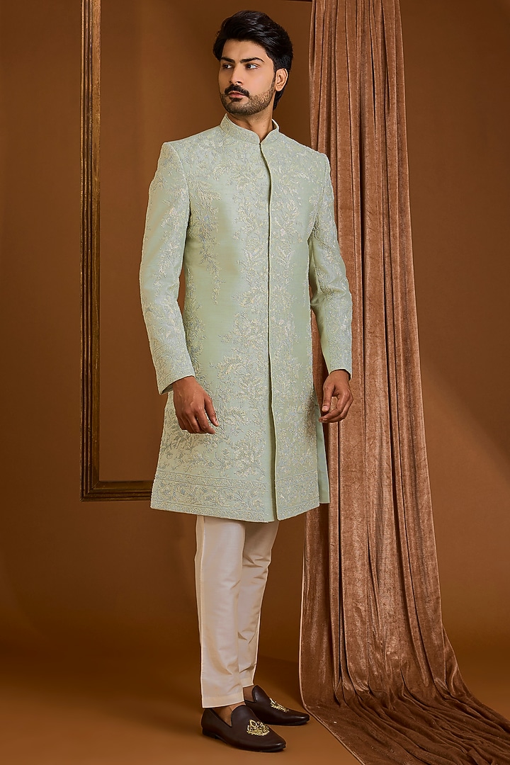 Light Green Silk Groom Sherwani Set by SAMMOHAN at Pernia's Pop Up Shop