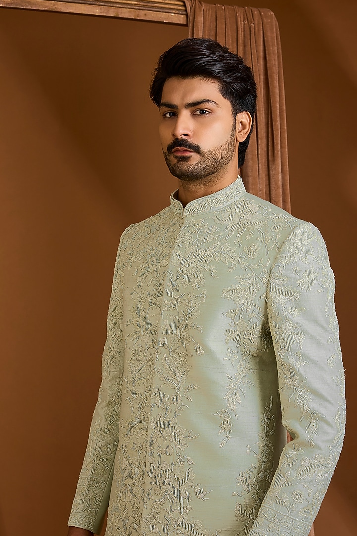 Light Green Silk Groom Sherwani Set by SAMMOHAN at Pernia's Pop Up Shop
