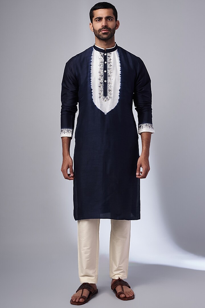Blue Tussar Shibori Printed Handcrafted Kurta Set by SAMMOHAN at Pernia's Pop Up Shop