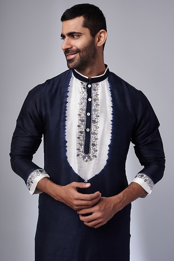 Blue Tussar Shibori Printed Handcrafted Kurta Set by SAMMOHAN at Pernia's Pop Up Shop